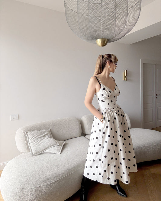 Polka Dot Midi Dress with Structured Bodice