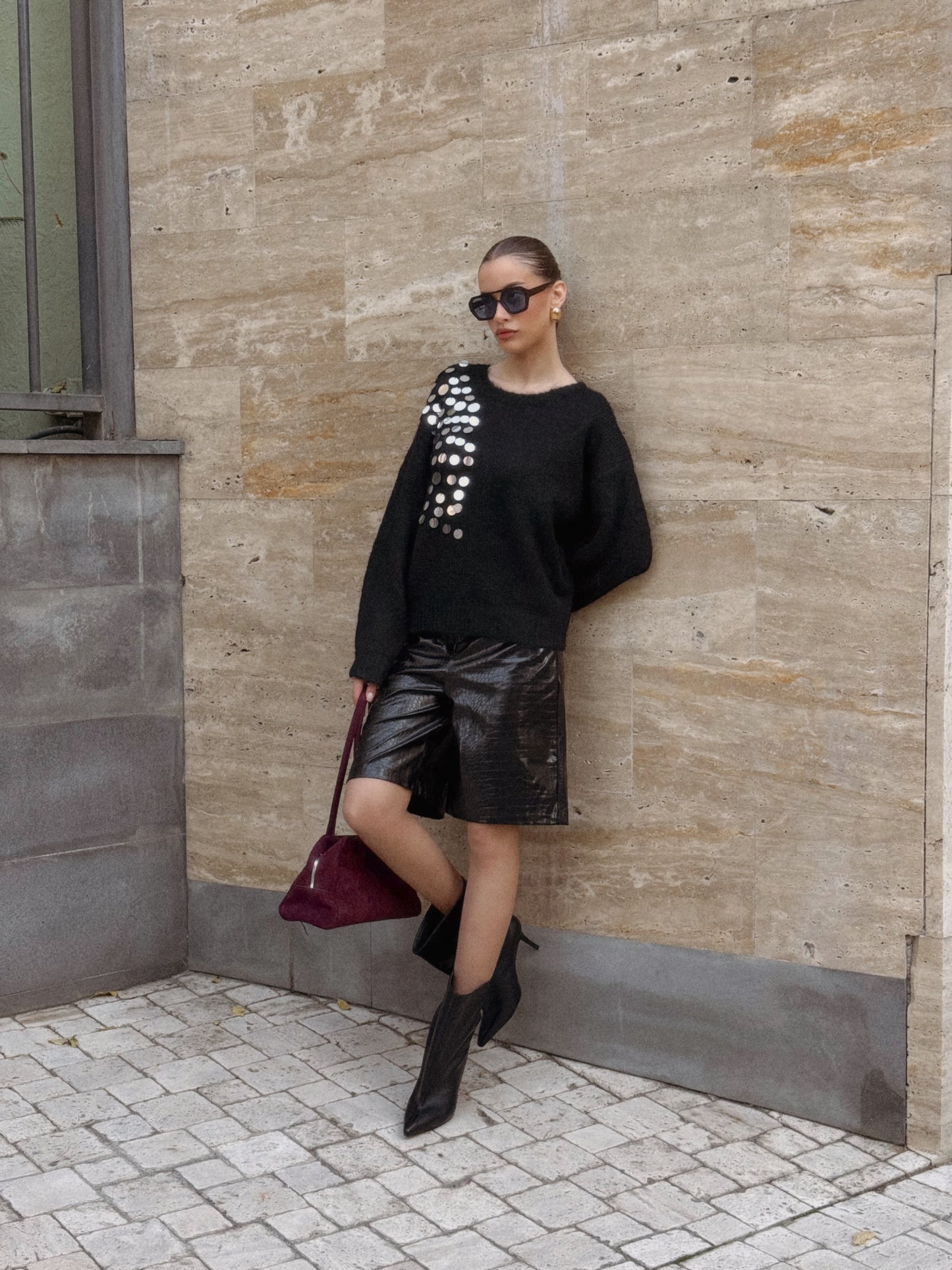 Cream Off-Shoulder Embellished Sweater – Soft Knit with Sequin Detail