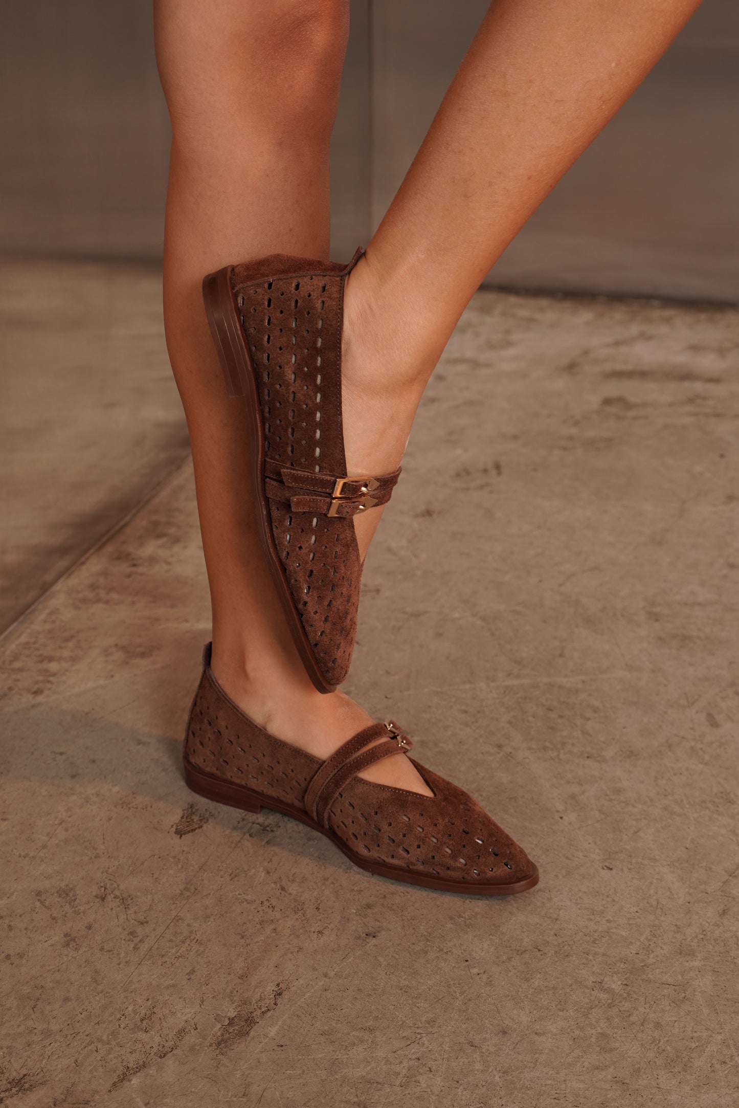 Genuine Leather Perforated Strap Flats