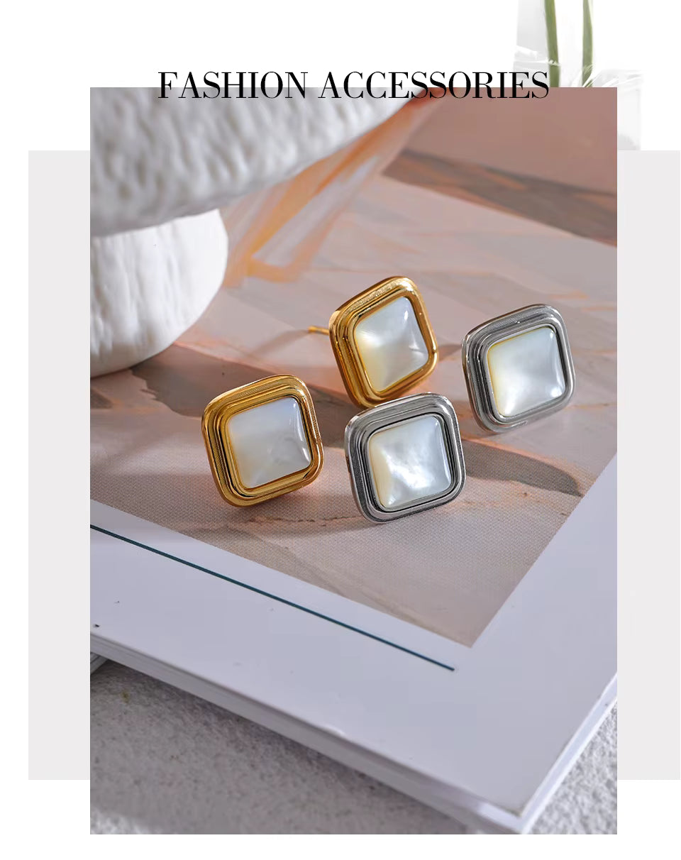 Stainless Steel 316 Natural Shell Square Small Stud Earrings