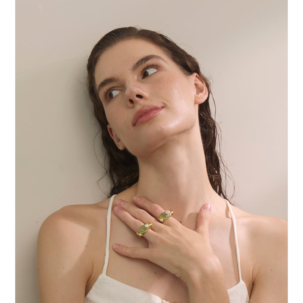 Stainless Steel Open Finger Jewelry Fashion Green Enamel Pearl Flower Cast Rings 2 pcs