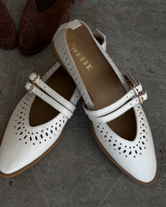 Perforated Leather Mary Jane Flats – Ivory