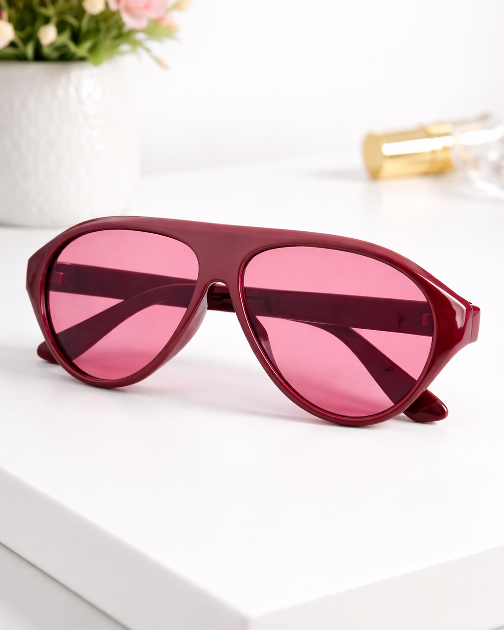 Burgundy Aviator Sunglasses with Pink Lenses