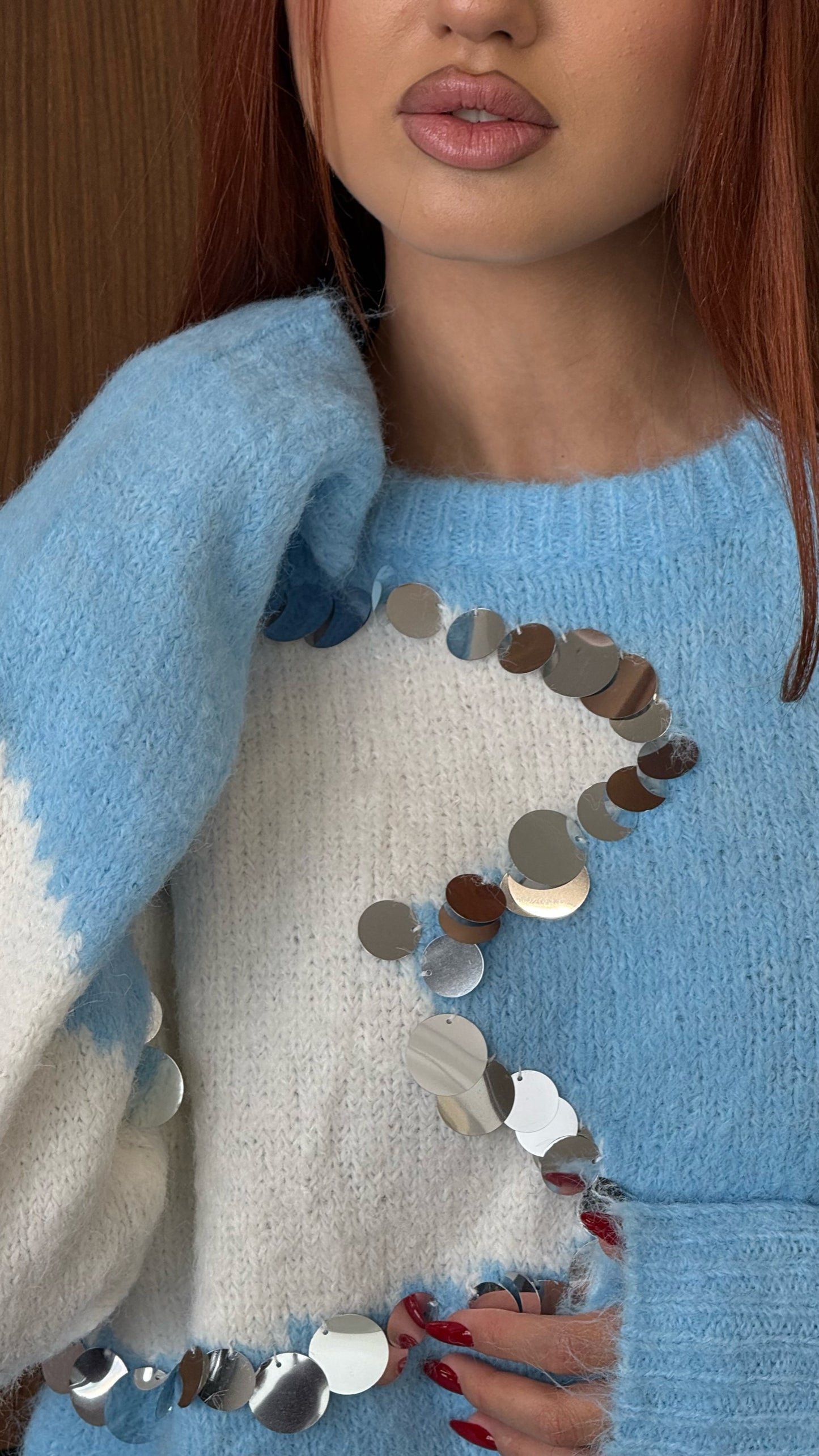 sky blue & White Contrast Knit with Mirror Sequins