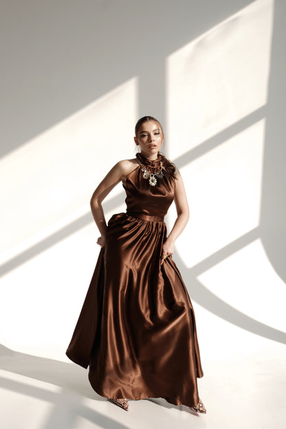 High-Neck Flowing Satin Evening Dress