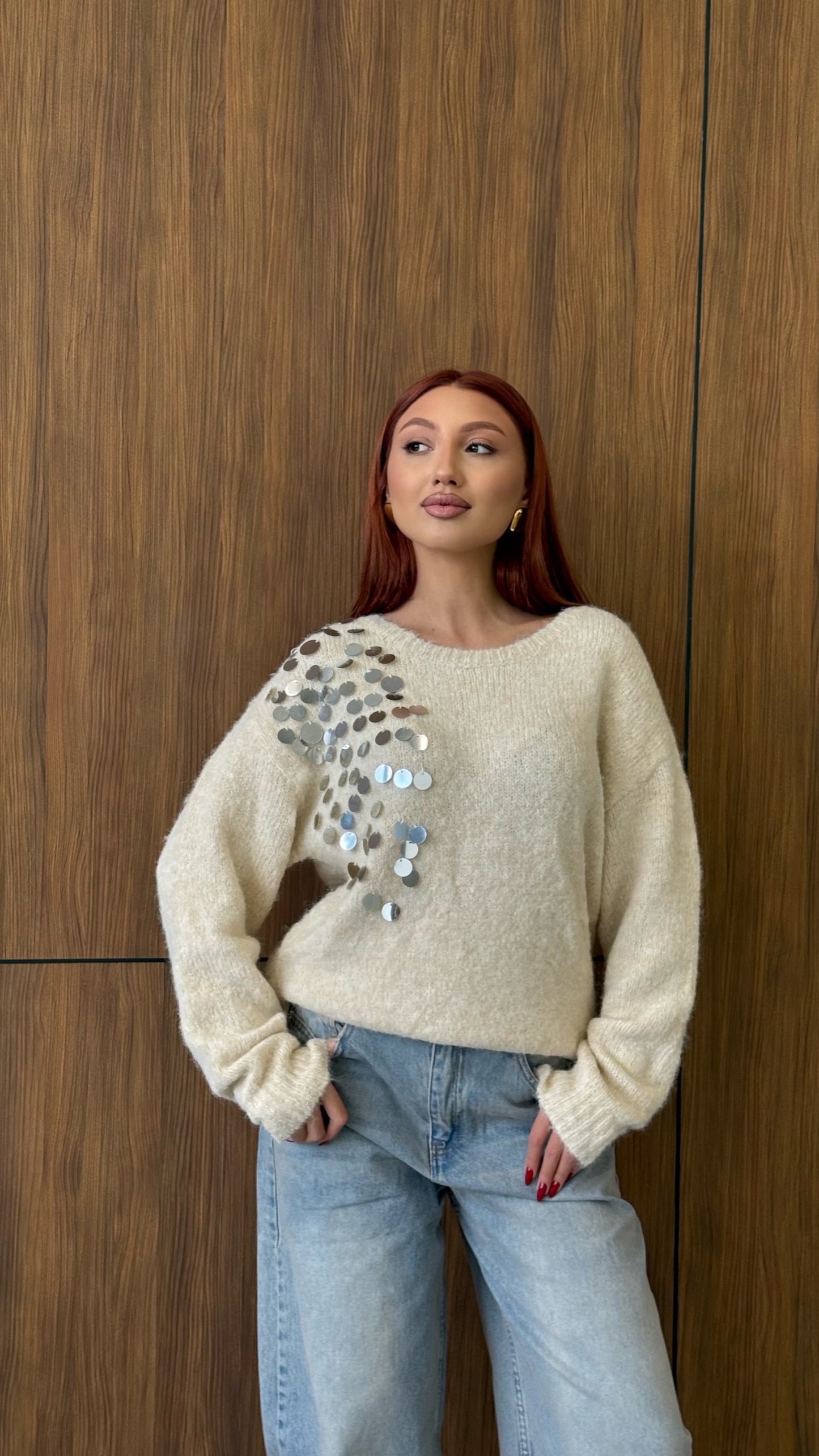 Cream Off-Shoulder Embellished Sweater – Soft Knit with Sequin Detail