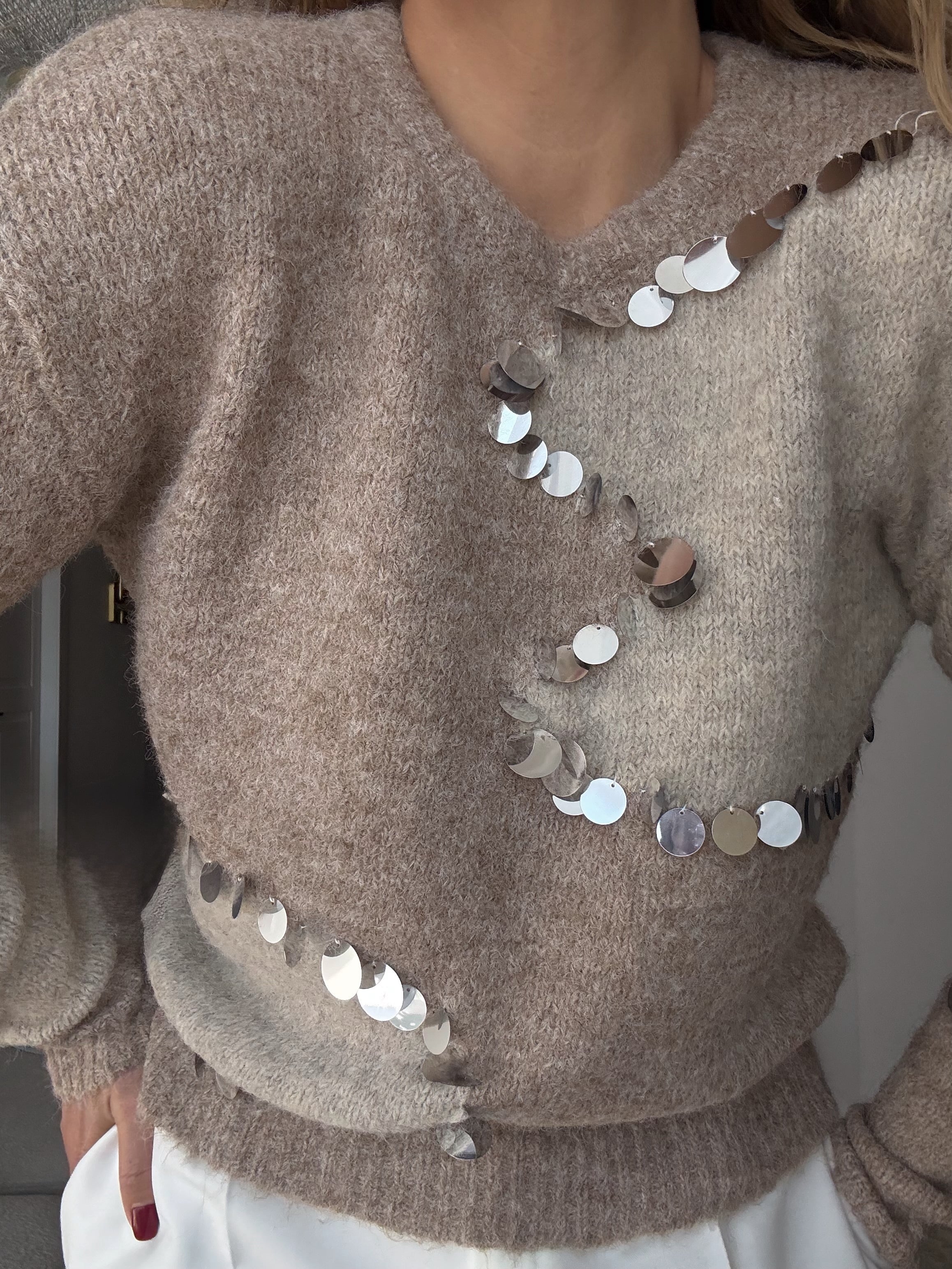 Beige & Cream Contrast Knit with Mirror Sequins