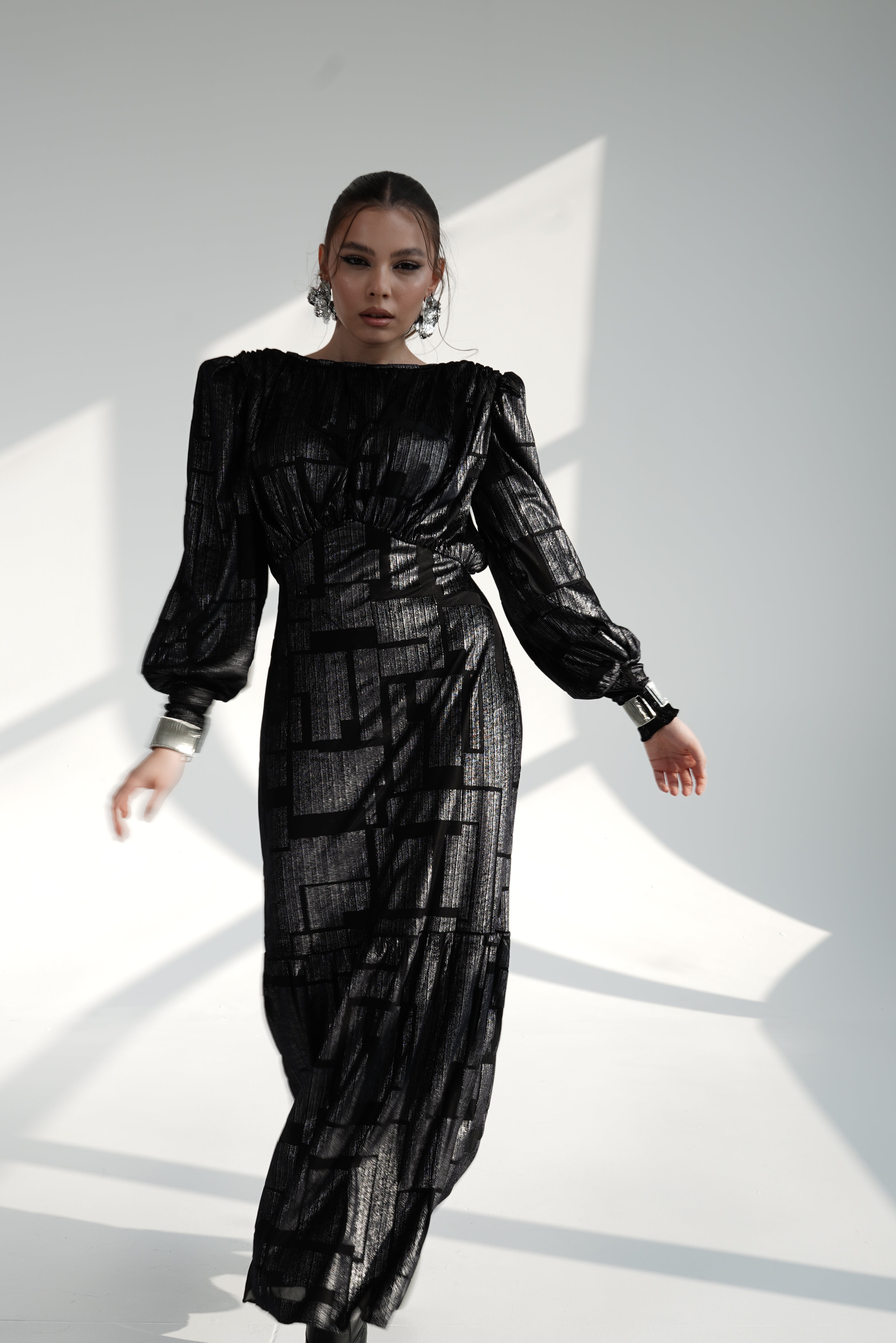 Black Metallic Maxi Dress with Structured Shoulders