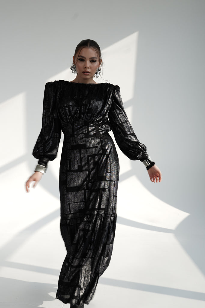 Black Metallic Maxi Dress with Structured Shoulders