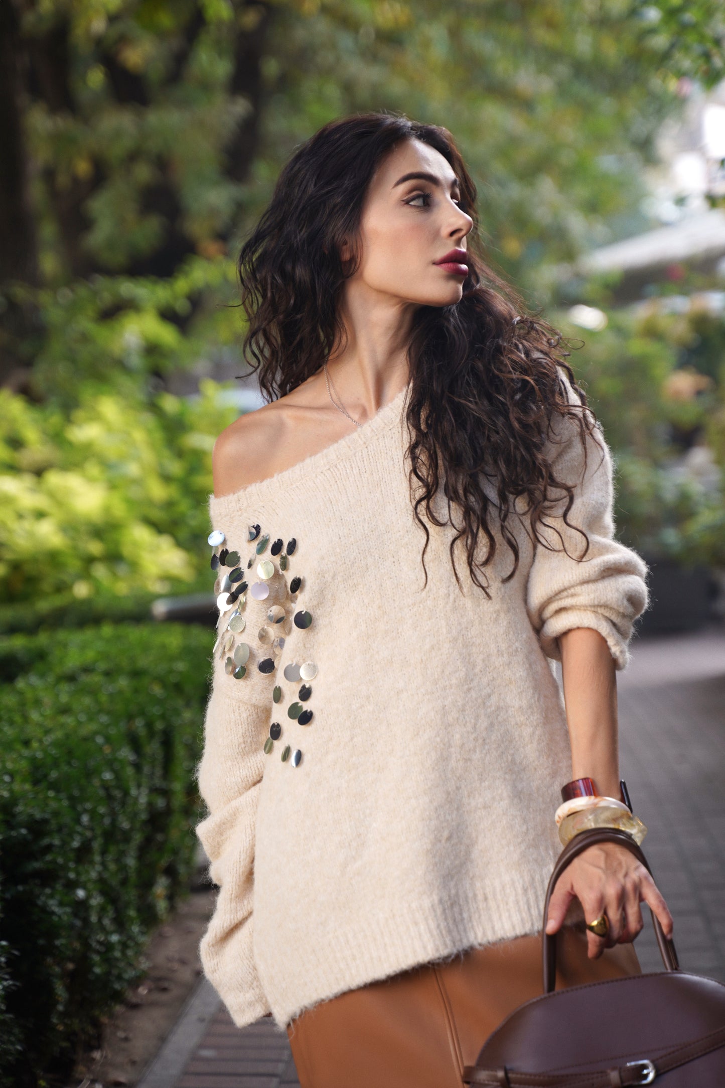 Cream Off-Shoulder Embellished Sweater – Soft Knit with Sequin Detail