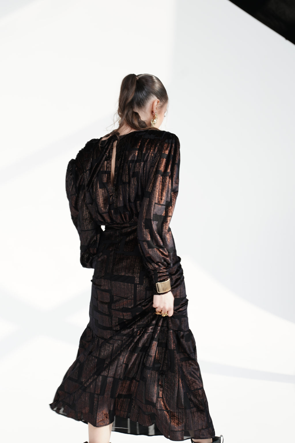 Black GOLD shine Maxi Dress with Structured Shoulders