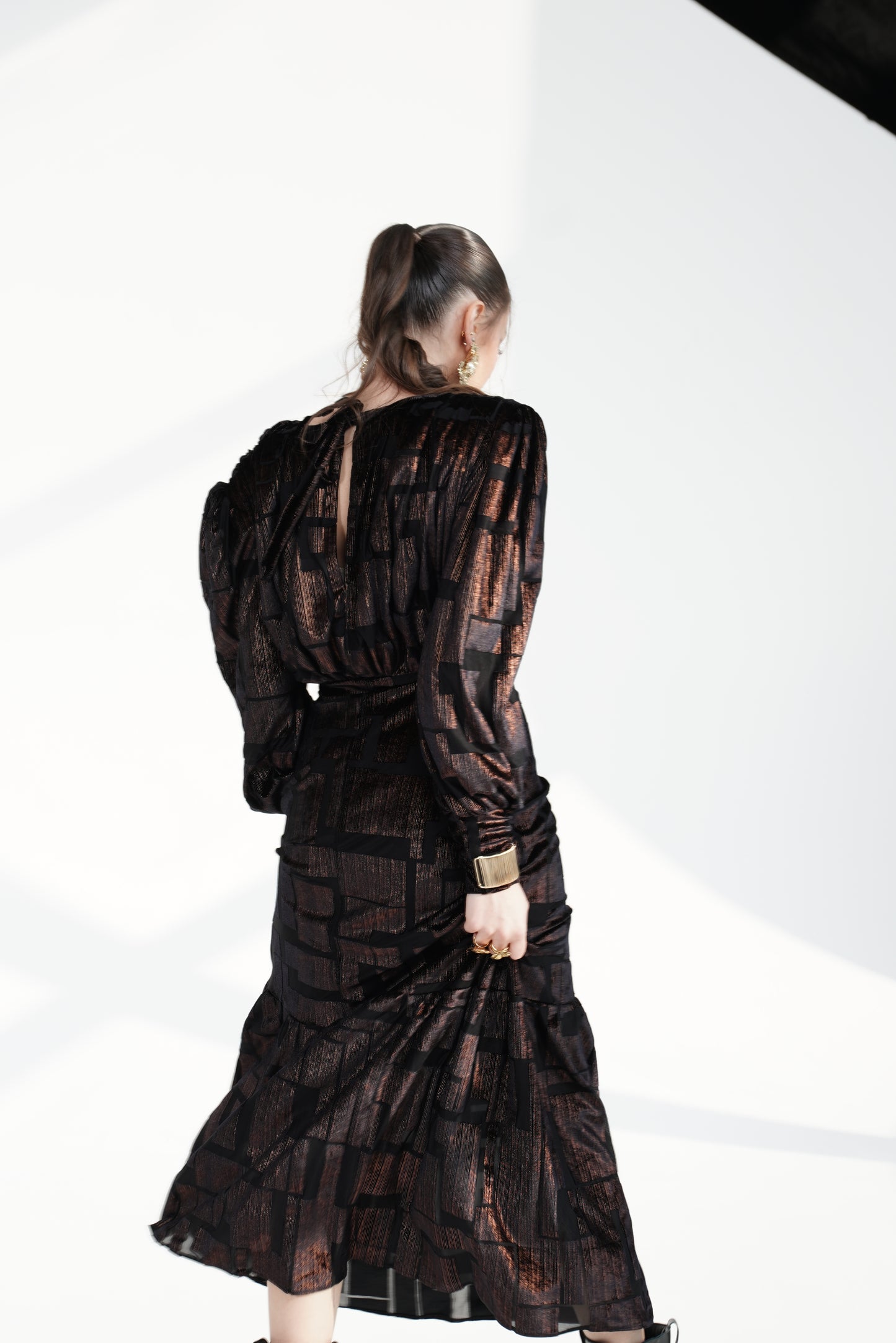 Black GOLD shine Maxi Dress with Structured Shoulders