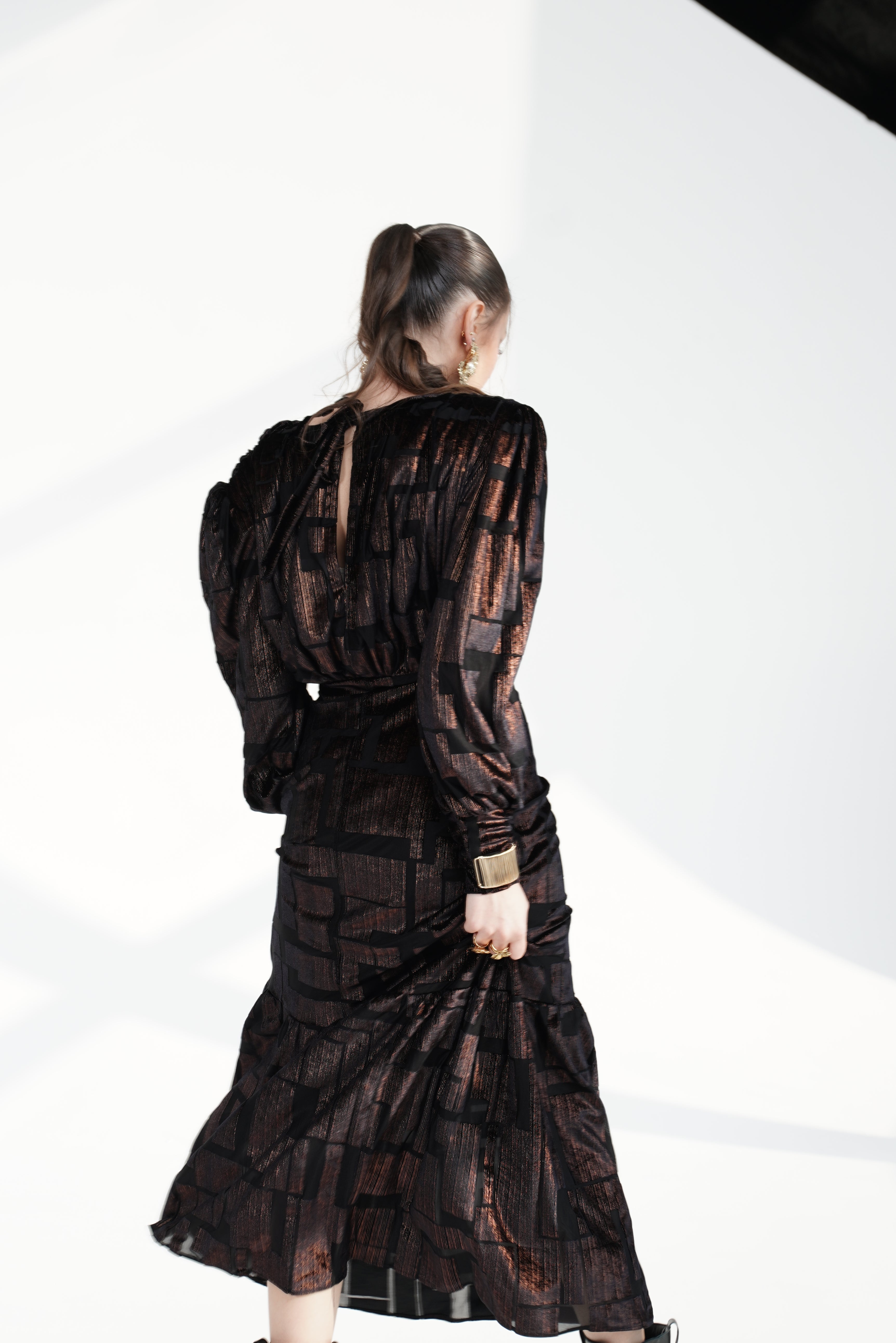 Black GOLD shine Maxi Dress with Structured Shoulders