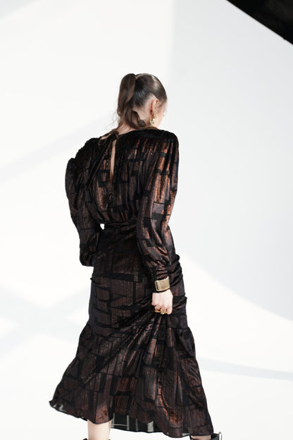 Black GOLD shine Maxi Dress with Structured Shoulders