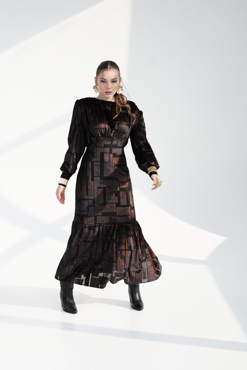 Black GOLD shine Maxi Dress with Structured Shoulders