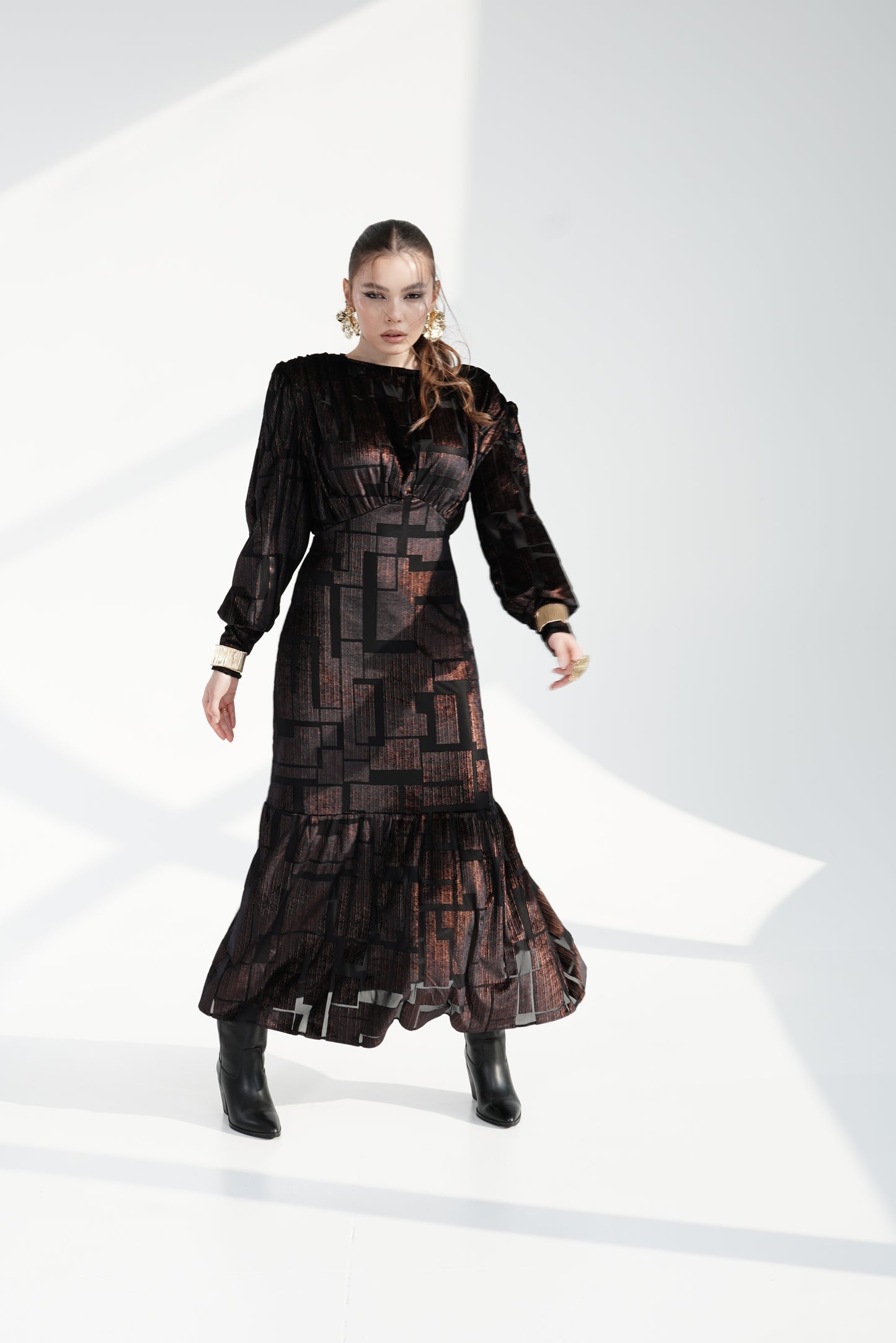 Black GOLD shine Maxi Dress with Structured Shoulders