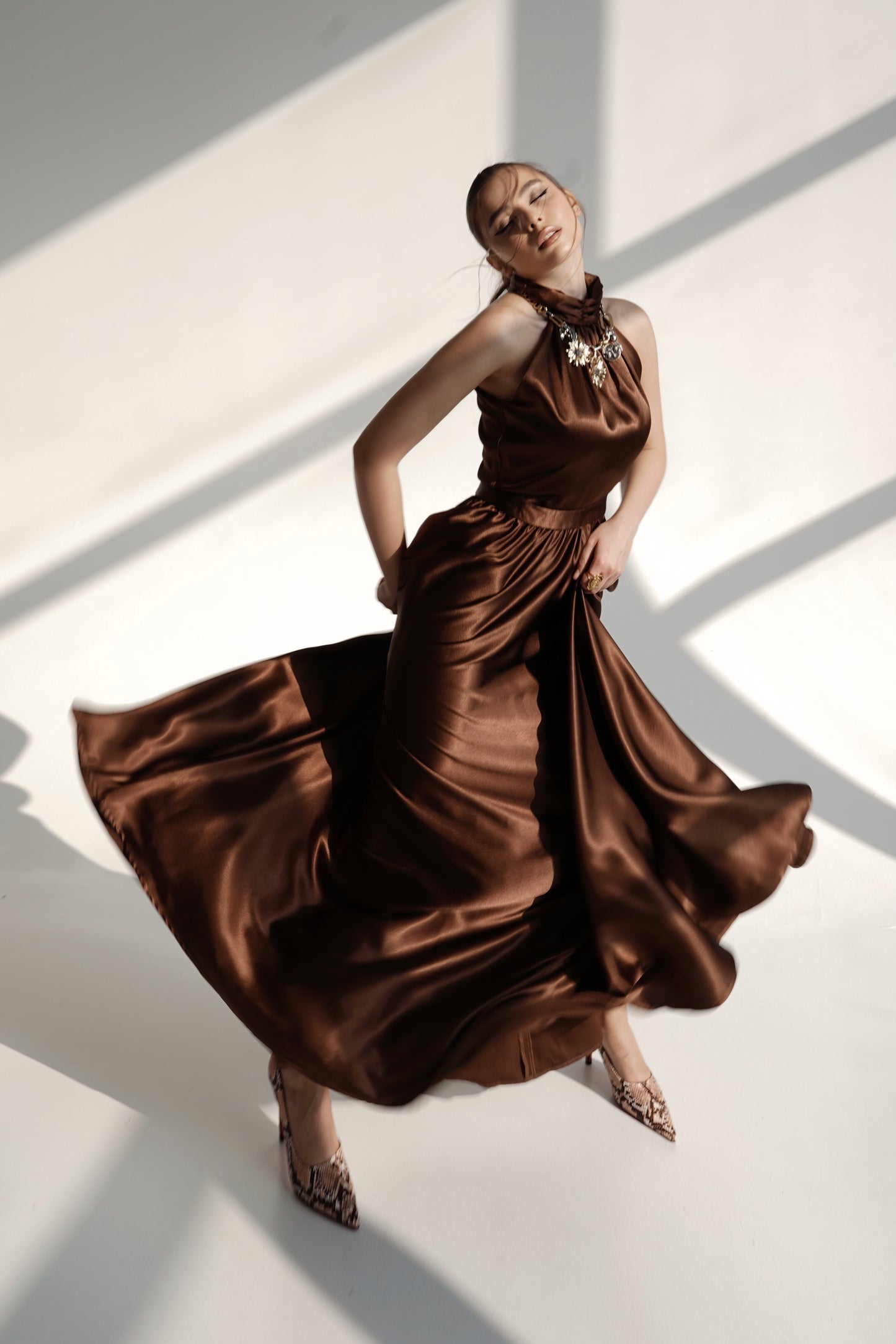 High-Neck Flowing Satin Evening Dress