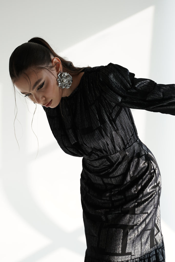 Black Metallic Maxi Dress with Structured Shoulders