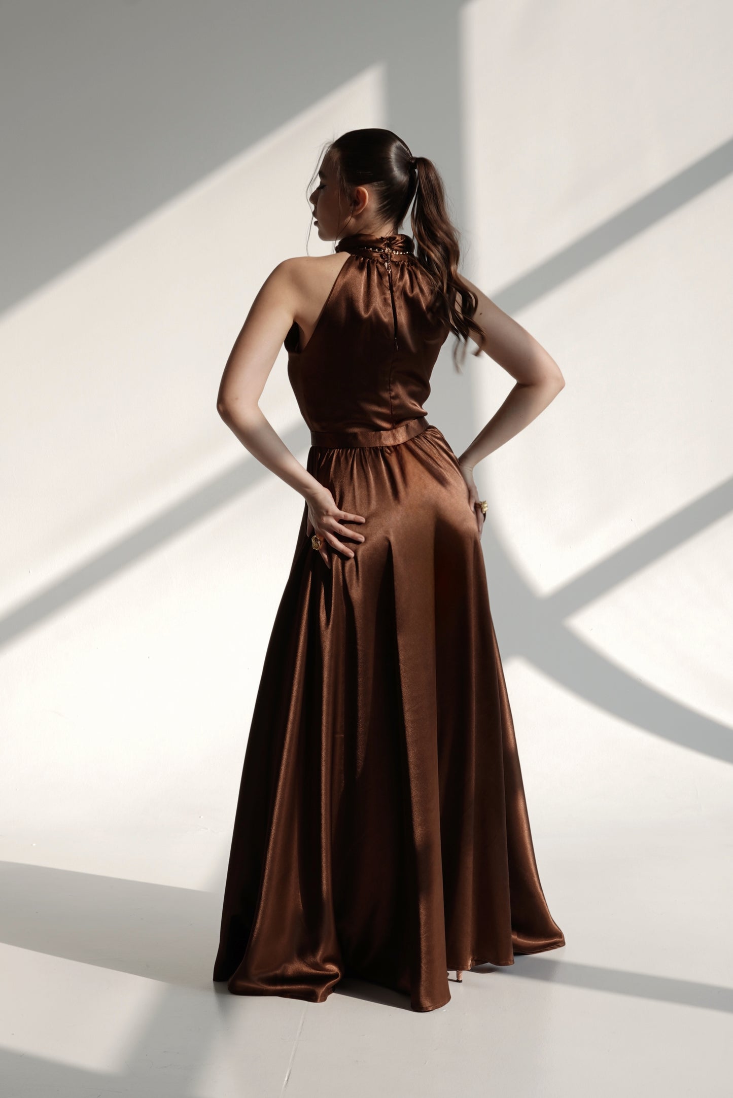 High-Neck Flowing Satin Evening Dress