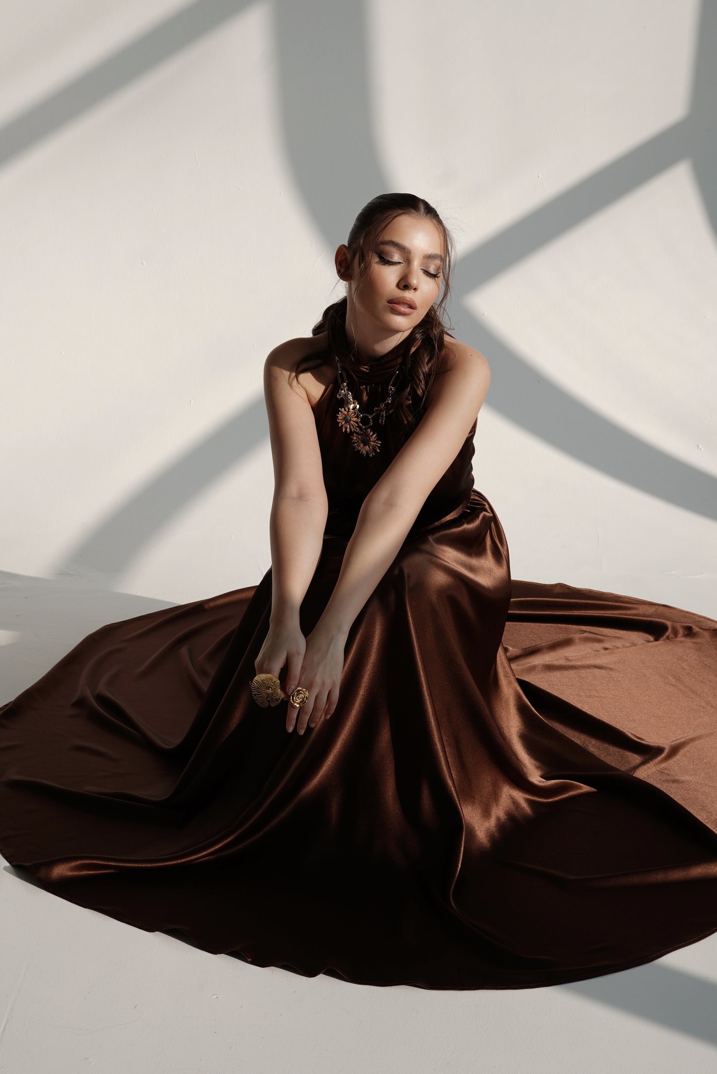 High-Neck Flowing Satin Evening Dress