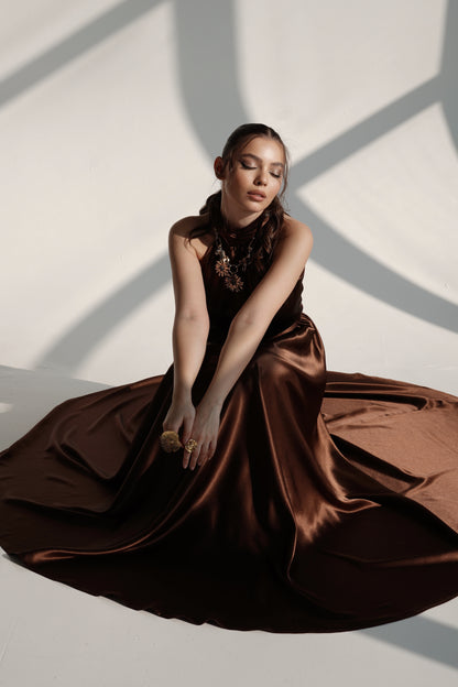 High-Neck Flowing Satin Evening Dress