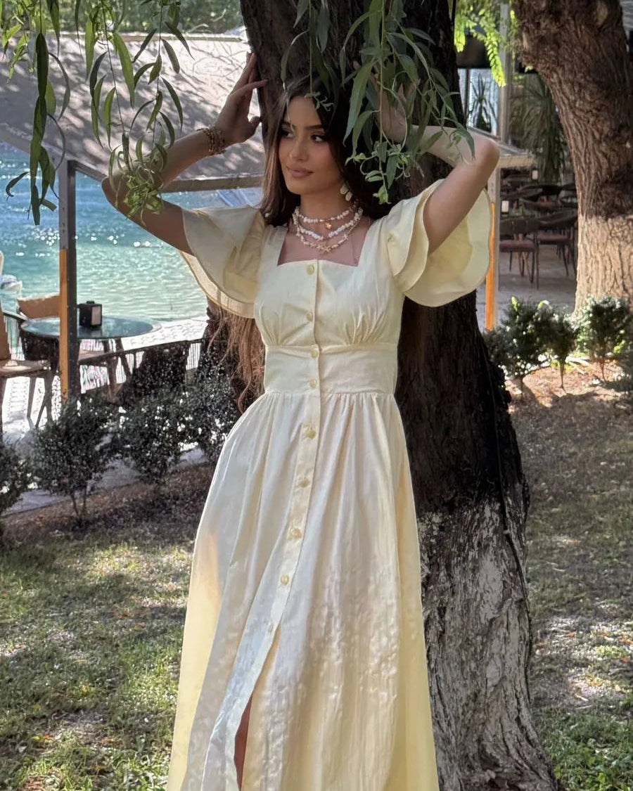 Belle Square-Neck Button Midi Dress