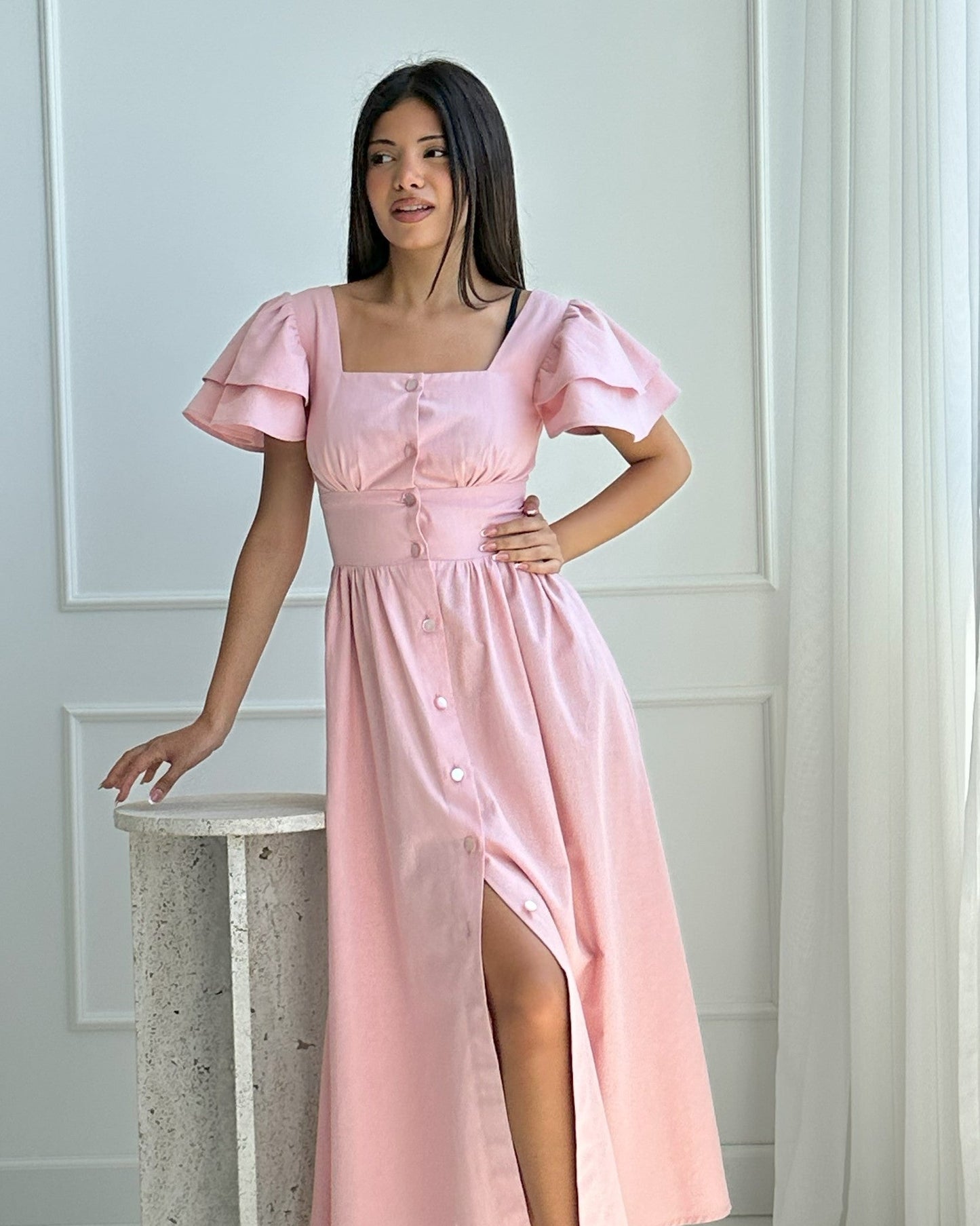 Belle Square-Neck Button Midi Dress