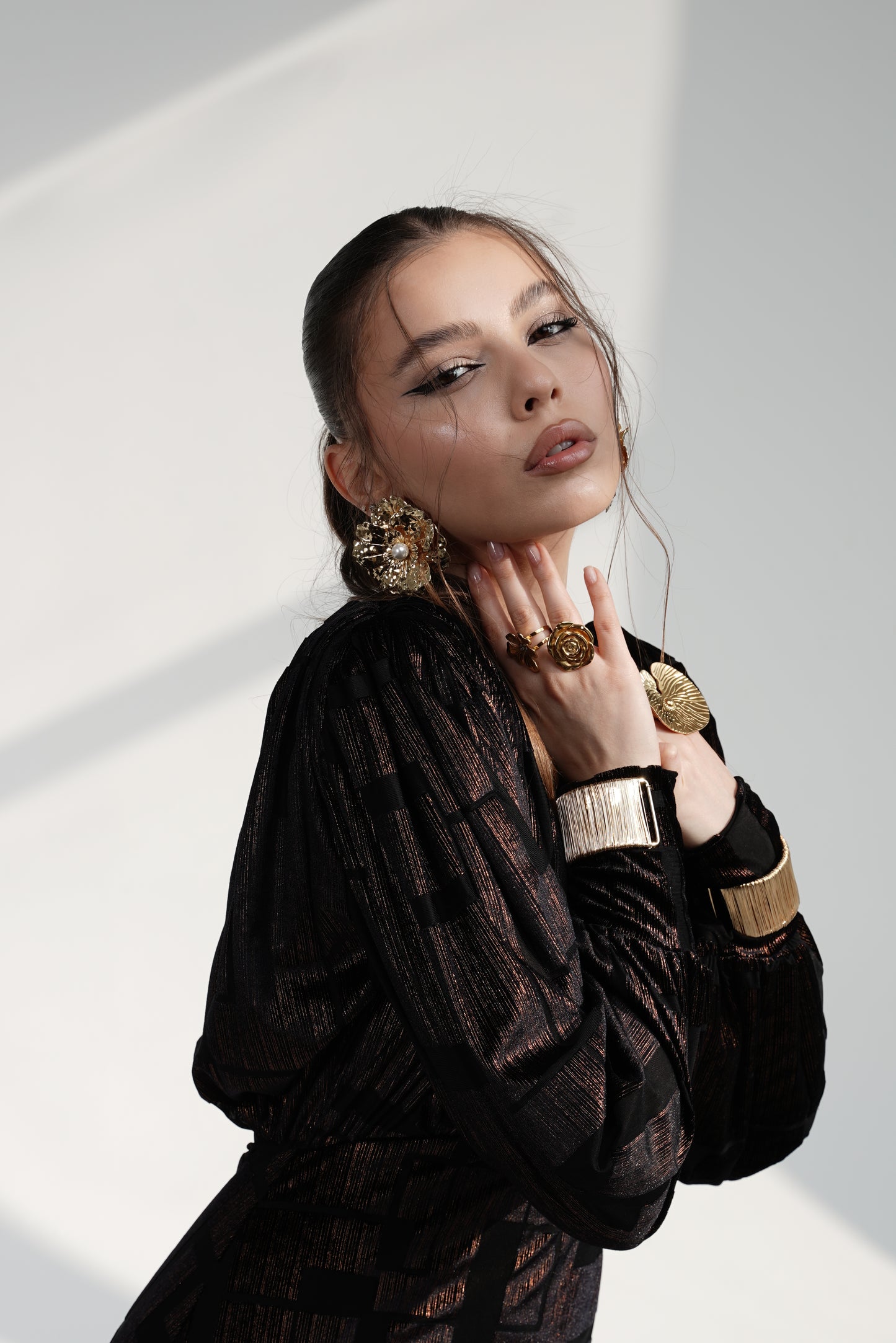 Black GOLD shine Maxi Dress with Structured Shoulders