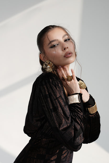 Black GOLD shine Maxi Dress with Structured Shoulders