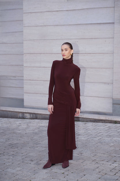 Long-Sleeve Sculpted Maxi Dress — Chocolate