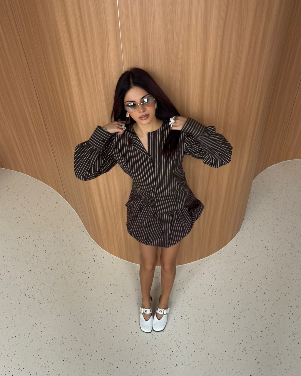 Brown Pinstripe Structured Top & Bubble Skirt Set