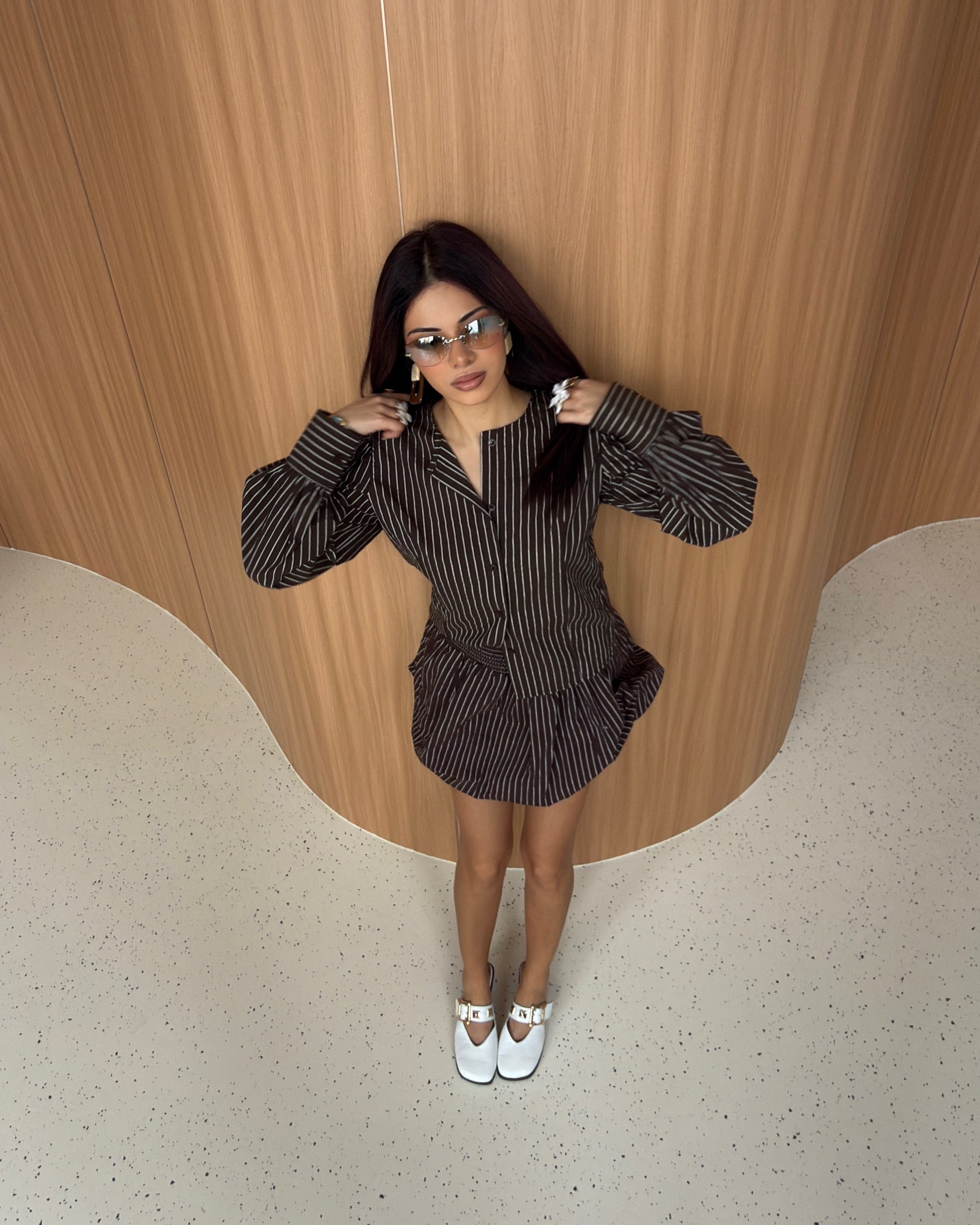 Brown Pinstripe Structured Top & Bubble Skirt Set