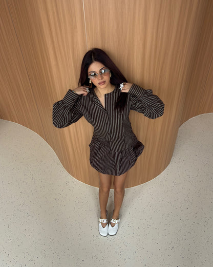 Brown Pinstripe Structured Top & Bubble Skirt Set