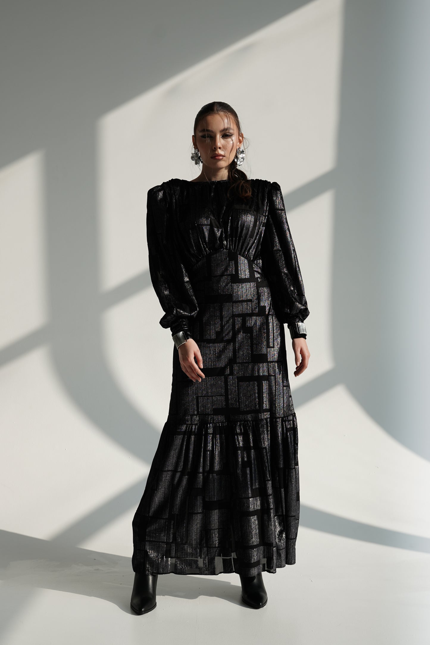 Black Metallic Maxi Dress with Structured Shoulders