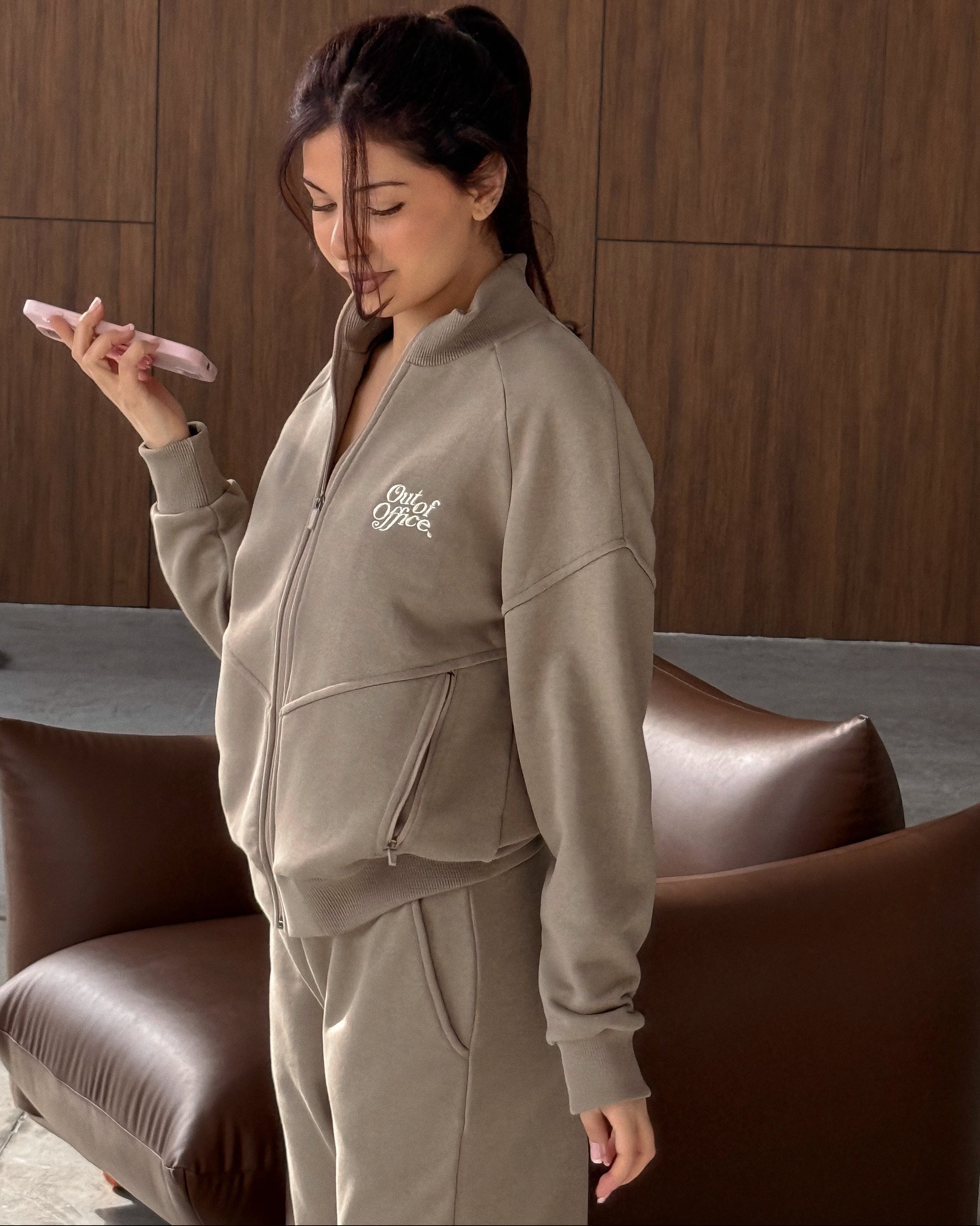 Out of Office Zip-Up Sweatshirt – Taupe Beige