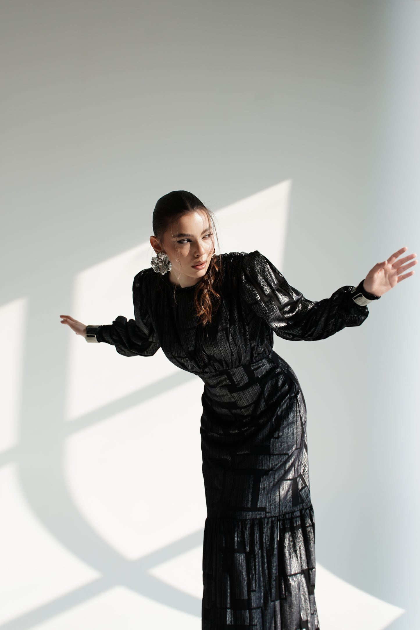 Black Metallic Maxi Dress with Structured Shoulders