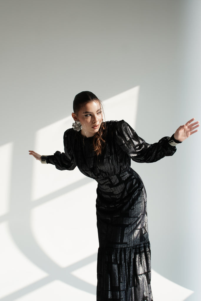 Black Metallic Maxi Dress with Structured Shoulders