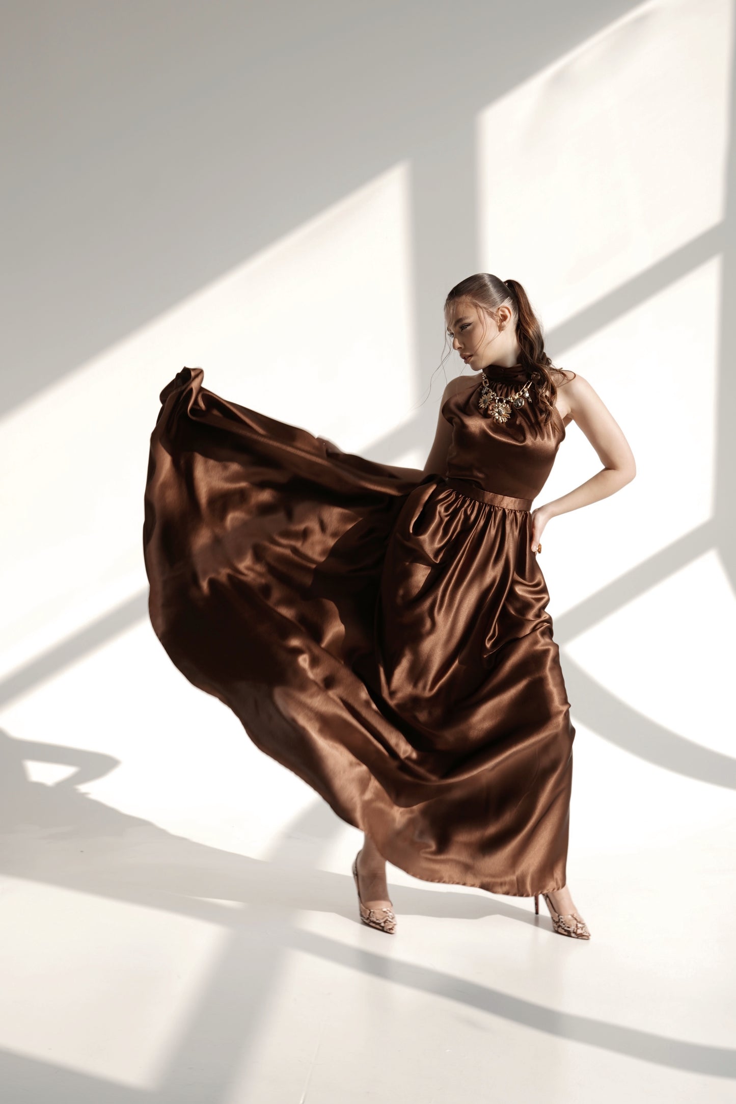 High-Neck Flowing Satin Evening Dress