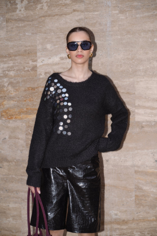 Cream Off-Shoulder Embellished Sweater – Soft Knit with Sequin Detail