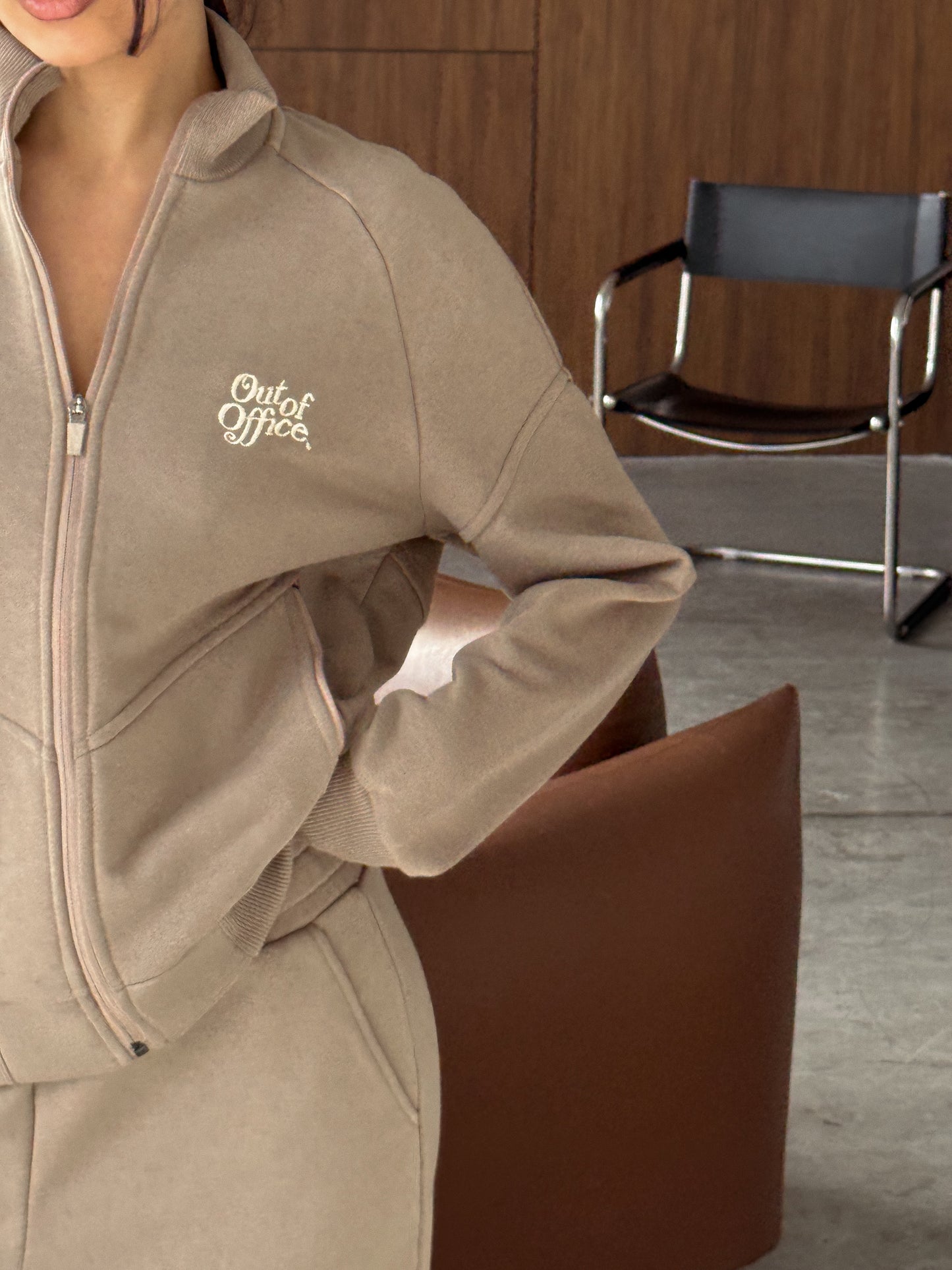 Out of Office Zip-Up Sweatshirt – Taupe Beige