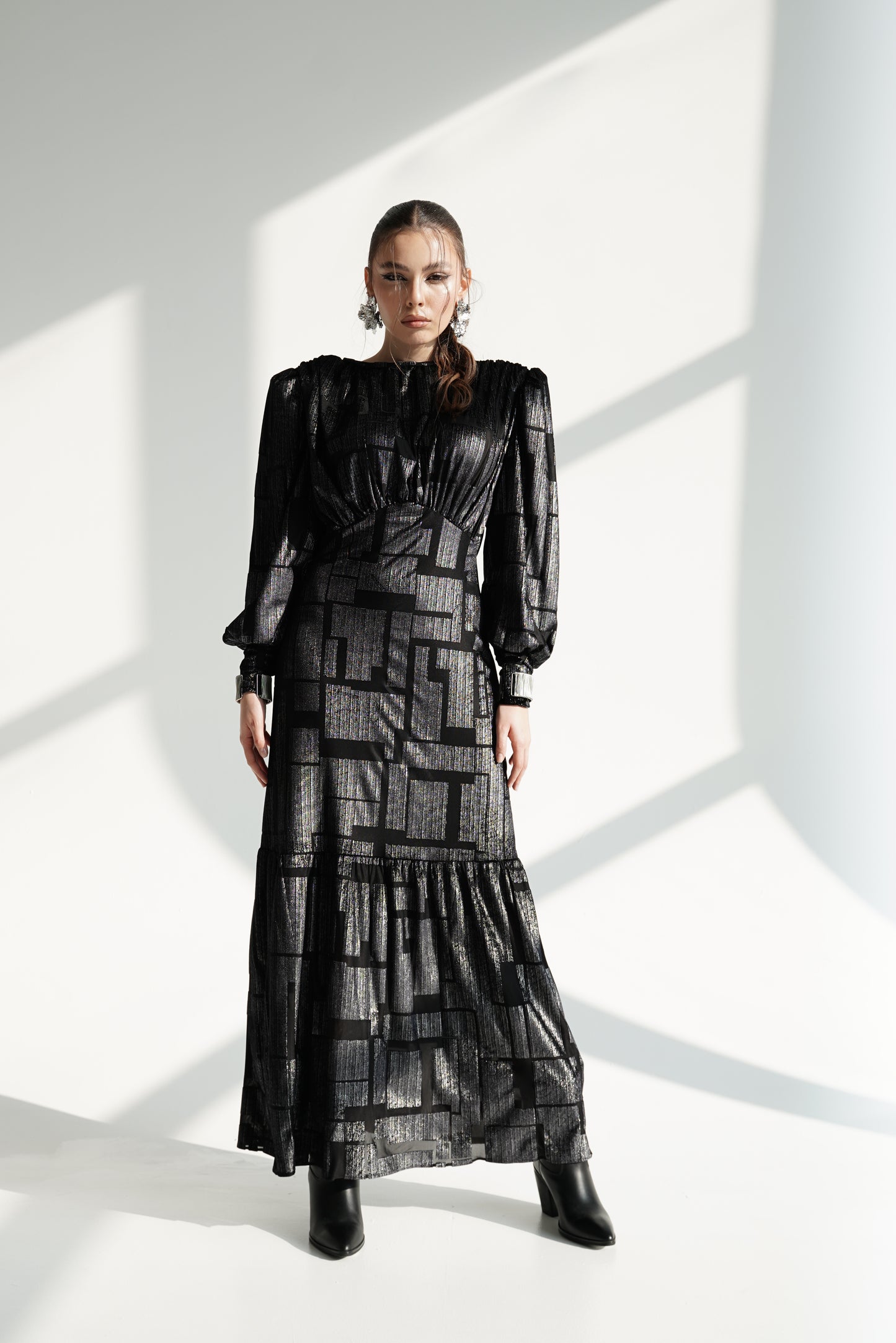 Black Metallic Maxi Dress with Structured Shoulders
