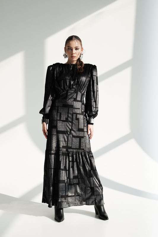 Black Metallic Maxi Dress with Structured Shoulders