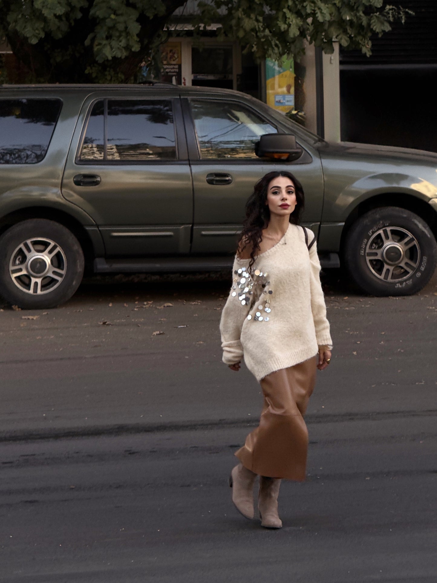 Cream Off-Shoulder Embellished Sweater – Soft Knit with Sequin Detail