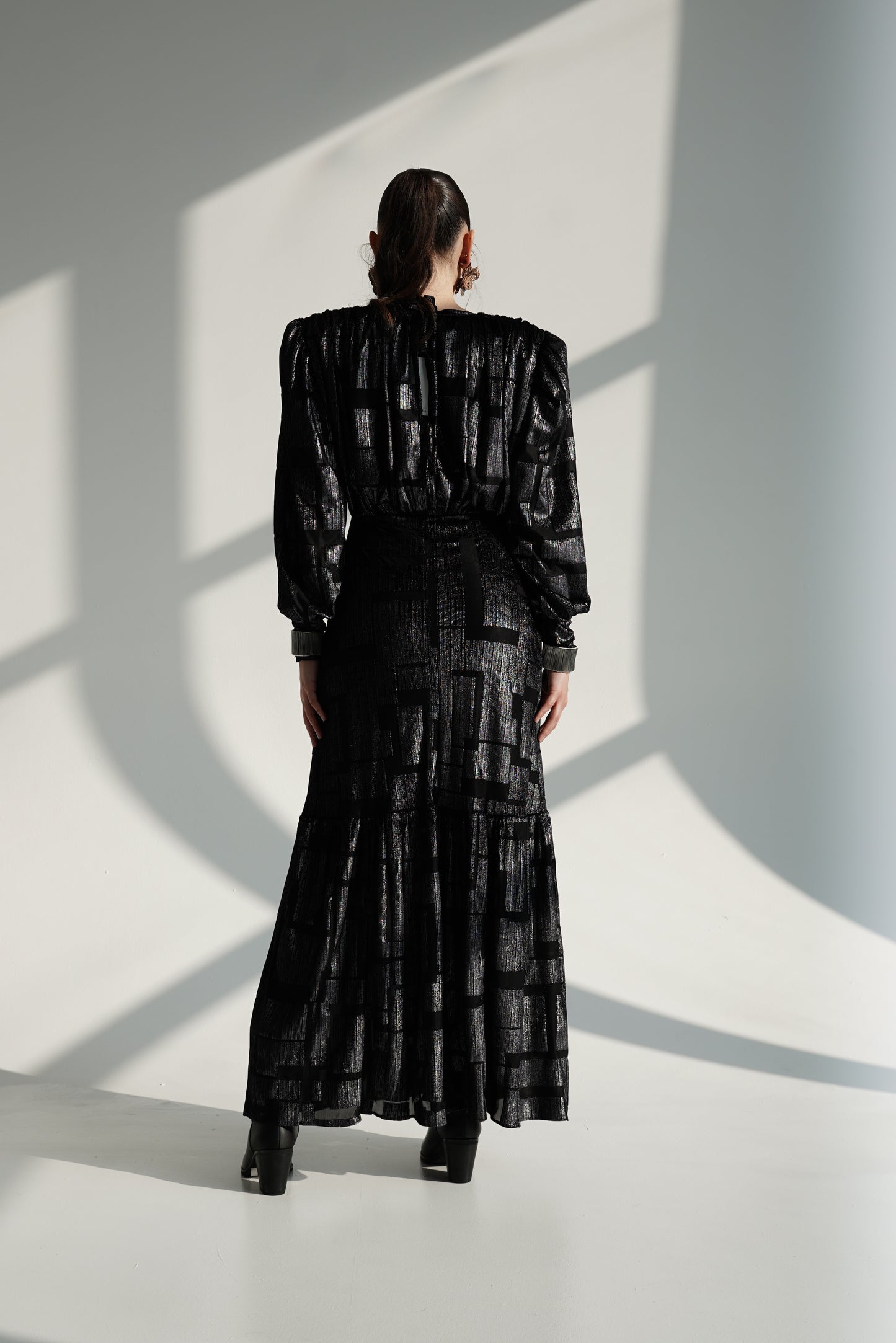Black Metallic Maxi Dress with Structured Shoulders