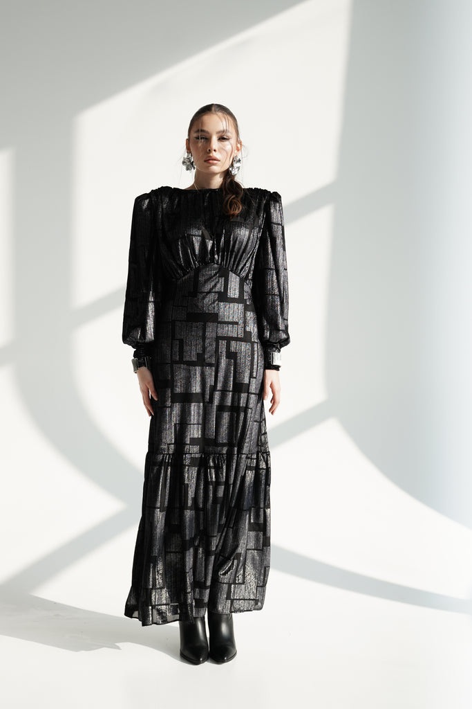 Black Metallic Maxi Dress with Structured Shoulders