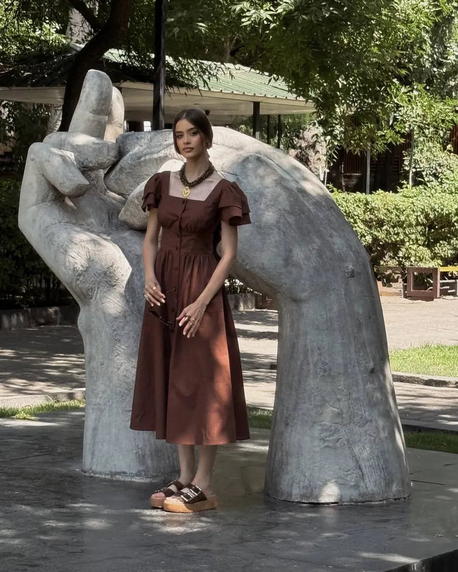 Belle Square-Neck Button Midi Dress