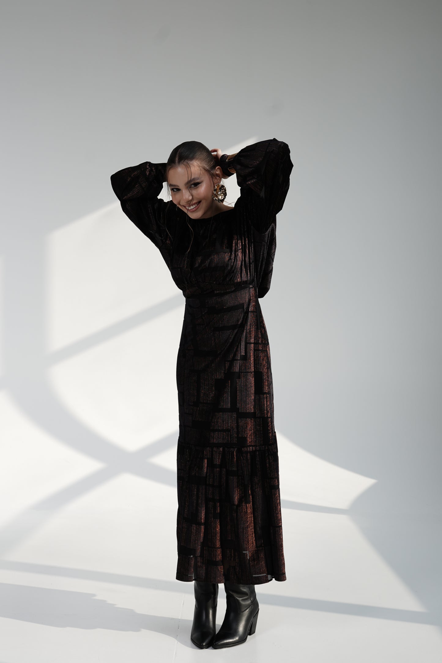 Black GOLD shine Maxi Dress with Structured Shoulders