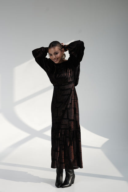 Black GOLD shine Maxi Dress with Structured Shoulders