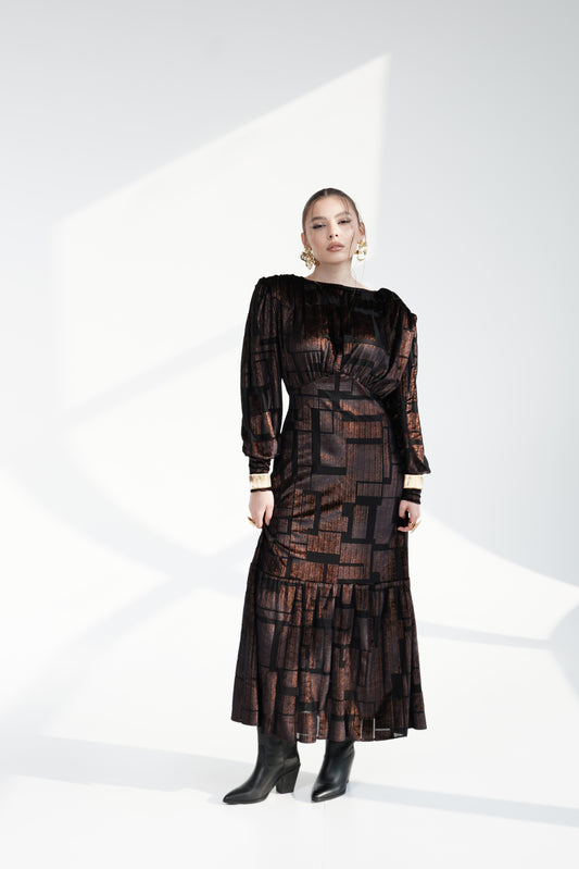 Black GOLD shine Maxi Dress with Structured Shoulders
