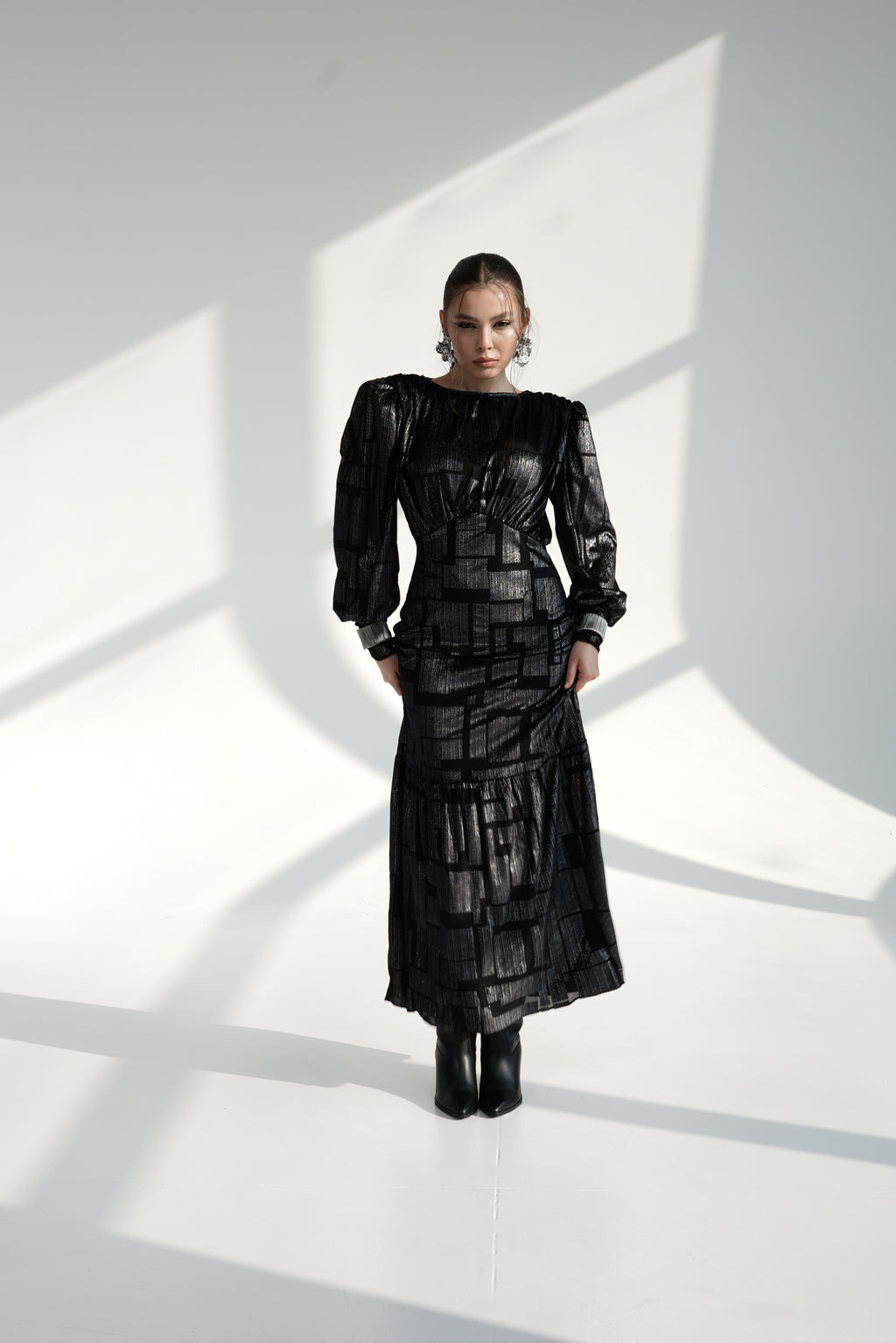 Black Metallic Maxi Dress with Structured Shoulders